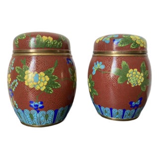 Cloisonne Burgundy Floral Enamel and Brass Ginger Jars, a Pair, Medium Size For Sale