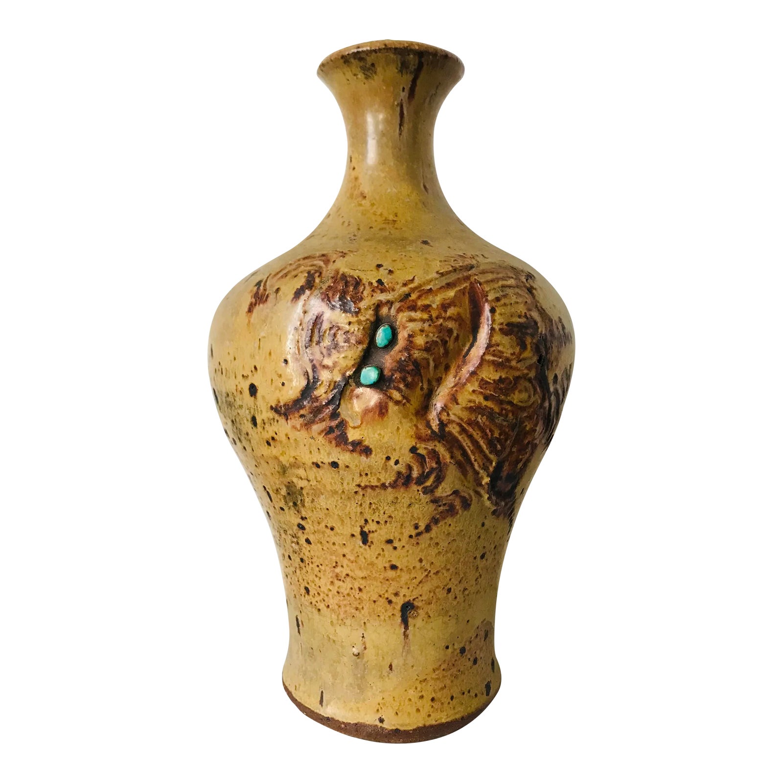 Vintage Signed Wheel Thrown Vase With Turquoise Inlay | Chairish