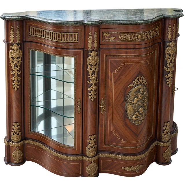 Early 20th Century French Louis XVI Revival Bronze-Mounted Marquetry & Marble-Top Display Credenza For Sale - Image 10 of 11