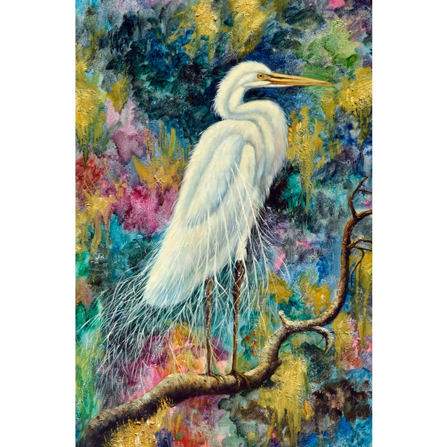 White Egret by Augostino (American, 20th Century). A white egret stands poised on a branch, rendered with careful...