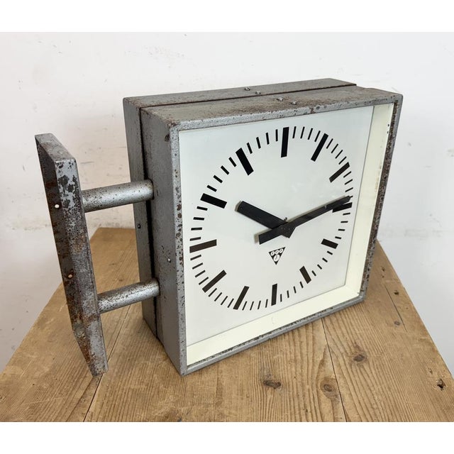 Industrial Square Double Sided Factory Wall Clock from Pragotron, 1970s For Sale - Image 11 of 16