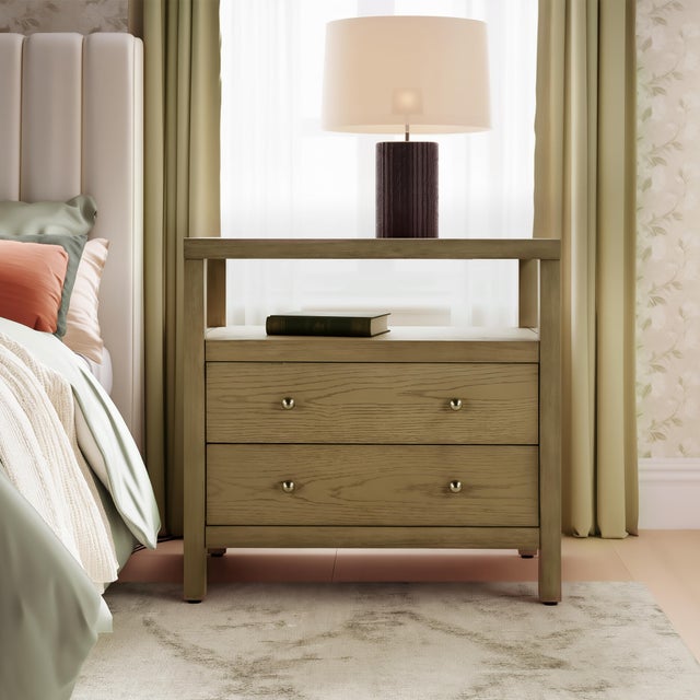 Nora 28 in. W Rectangular 2 Drawer Wide Nightstand with Open Shelf, Light Oak For Sale - Image 10 of 12