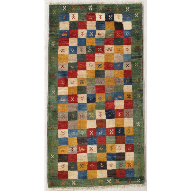Vinateg Hand-knotted Persian Gabbeh wool runner with a grid of multicolor square panels in red, blue, green, ivory, and...