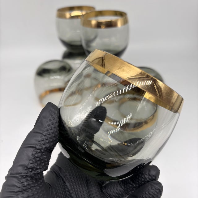 1960s Mid-Century Modern Smoky Gray Roly Poly Cocktail Glasses With Gold Rim - Set of 8 For Sale - Image 11 of 13
