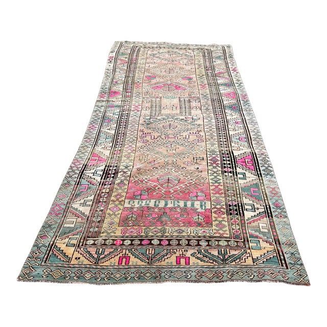 1920s Karabagh Armenian Handwoven Runner Rug, Tribal Geometric Design With Soft Pastel & Pink Accents For Sale