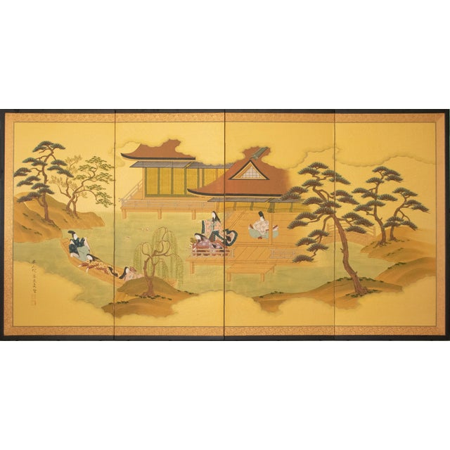 1970s "The Tale of Genji" Japanese Painted Silk Byobu Screen For Sale - Image 18 of 18