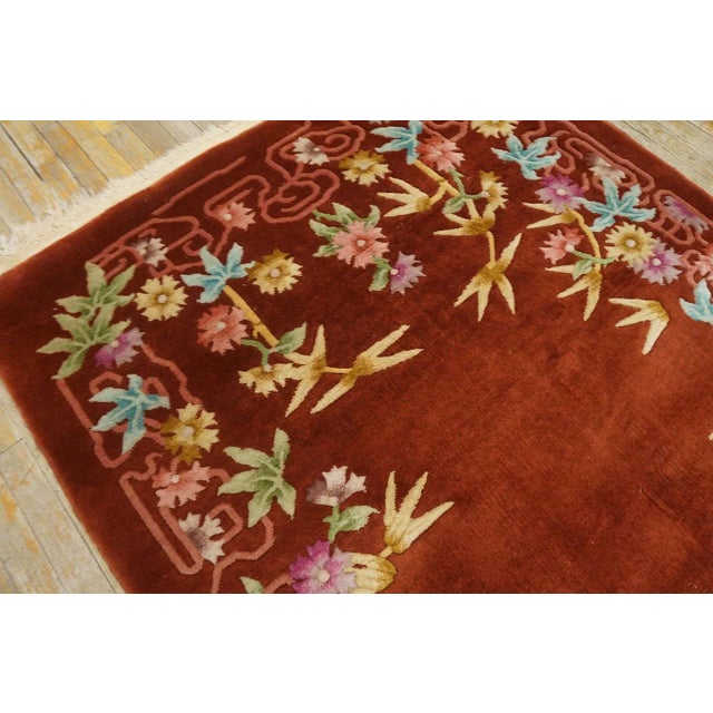 Textile 1930s Ruby Red Floral Antique Chinese Art Deco Carpet 4'4" X 6'6" Knotted Wool Rug For Sale - Image 7 of 12