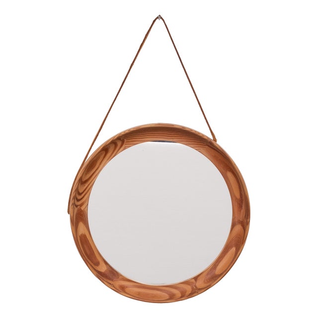 Round Pine Wall Mirror by Uno & Östen Kristiansson, Sweden, 1960s For Sale