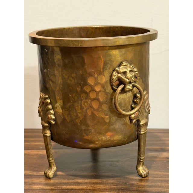 Metal Antique Imperial Russian Tula Hammered Brass Jardinière With Lion Masks, C. 1900 For Sale - Image 7 of 16