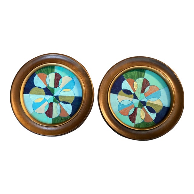Contemporary 2 Original Stephen Heigh Round “Pin Wheel” Paintings Framed-a Pair For Sale