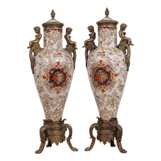 Pair Castilian Porcelain & Bronze French Style Lidded Urns For Sale
