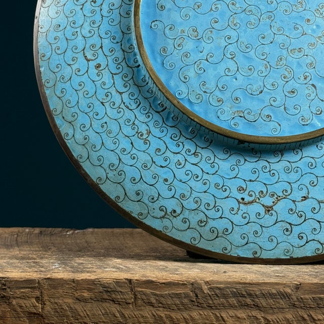 Metal Antique Japanese Cloisonné Turquoise Enamel Plate, Meiji Period (1868-1912) For Sale - Image 7 of 8