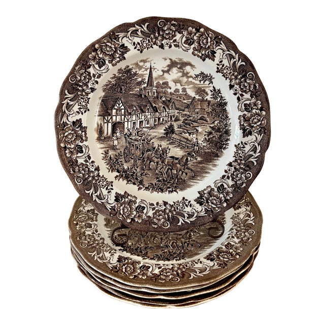 Antique J & G Meakin Dinner Plates "Stratford Stage" - Set of 4 For Sale