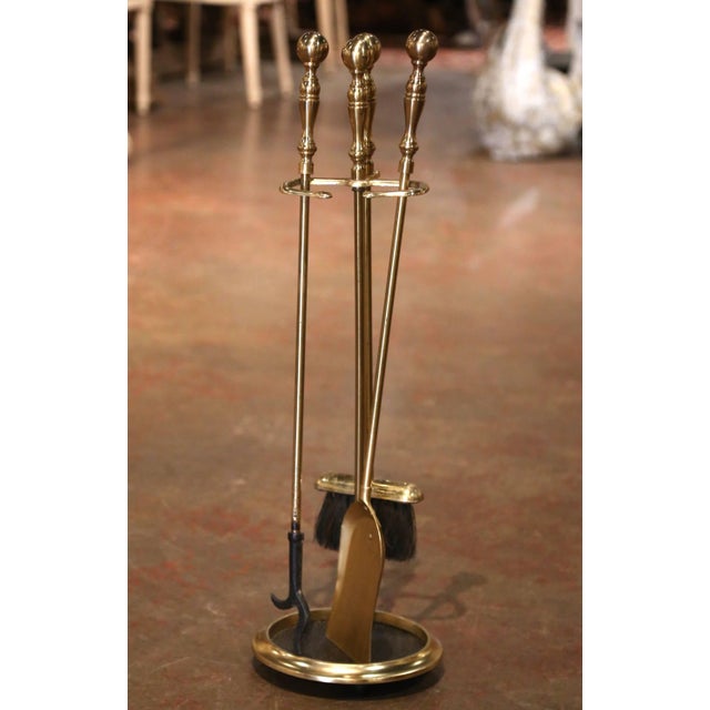 Mid-Century French Brass and Iron Four-Piece Fireplace Tool Set on Stand For Sale In Dallas - Image 6 of 9