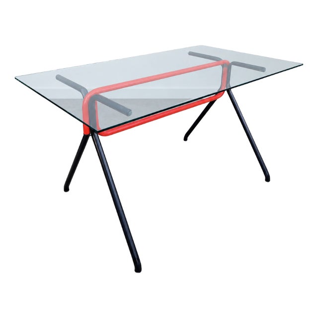Vintage Industrial Table in Tubular with Glass, 1980s For Sale