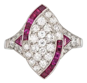 Vintage Art Deco Diamond Ruby Ring Sz 5.5 Platinum Navette Estate Jewelry