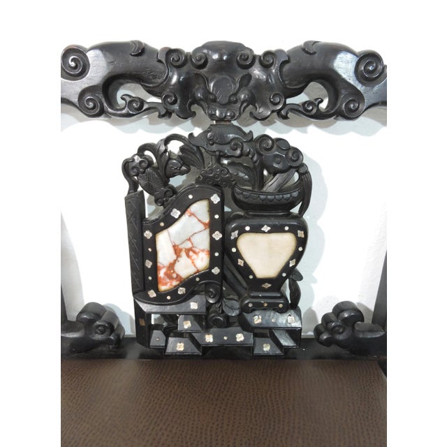 Antique Chinese Blackwood (Hongmu), Marble & Mother of Pearl Upholstered Side Chair, 19th Century For Sale In Tampa - Image 6 of 7