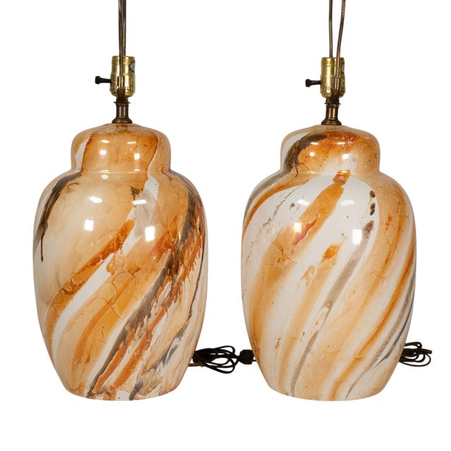 Vintage Morris Greenspan Marbled Glazed Drip Ceramic Table Lamps - Pair For Sale - Image 10 of 17