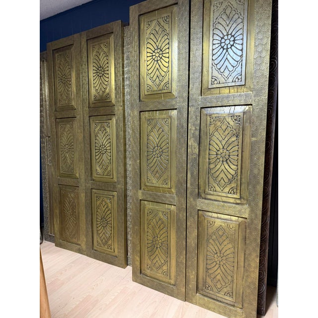 Vintage Hand-Hammered Brass-Clad Double Doors | Architectural Statement Pair 80x36 For Sale In Orlando - Image 6 of 9