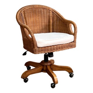 Pottery Barn Wingate Woven Rattan Boho Chic / Coastal Swivel Desk Chair For Sale