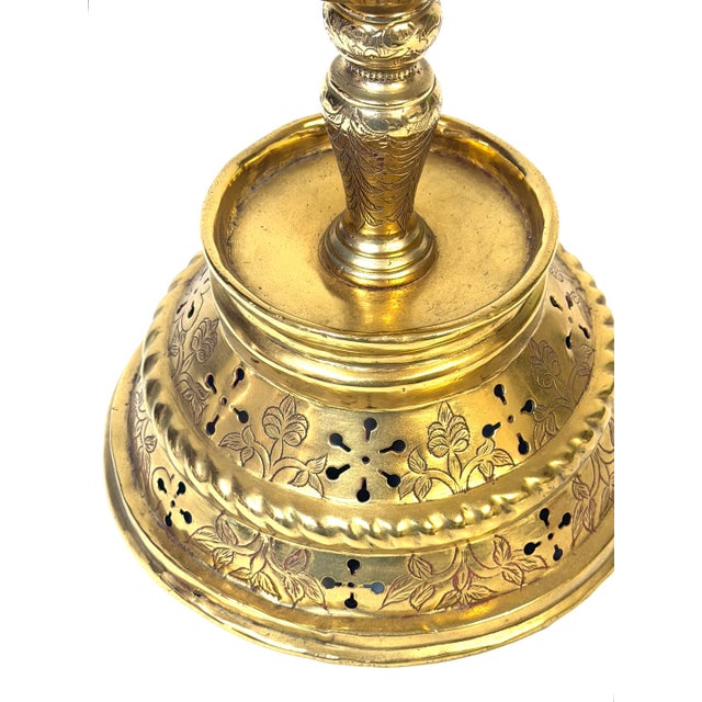 Large Dutch Baroque Engraved & Pierced Brass Chamber Candlestick Ventilated Base For Sale - Image 17 of 18
