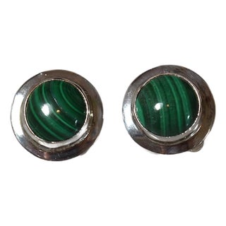 Vintage Sterling Silver Malachite Clip-on Stud Earrings, A Pair For Sale