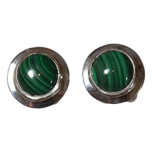 Vintage Sterling Silver Malachite Clip-on Stud Earrings, A Pair For Sale