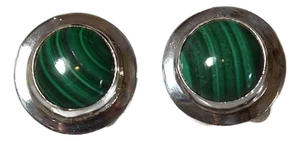 Vintage Sterling Silver Malachite Clip-on Stud Earrings, A Pair