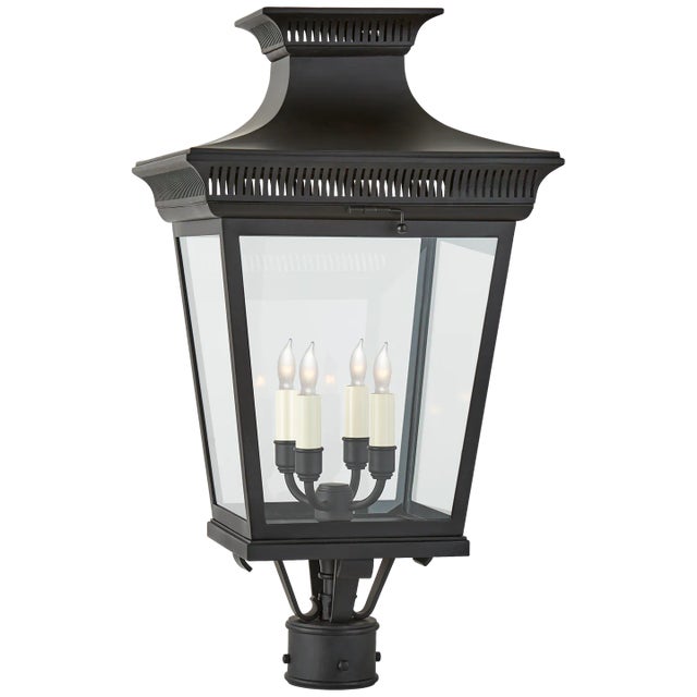 Elsinore Medium Post Lantern in Black with Clear Glass Designer: Chapman & Myers Height: 26.25" Extension: 14.5" Base: 3"...