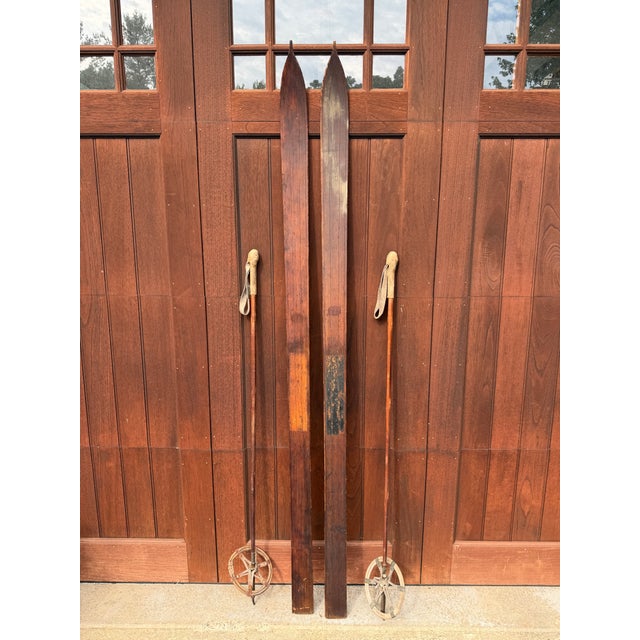 Antique Wooden Skis With Original Bamboo Ski Poles – Early 20th Century Nordic Ski Set – Rustic Ski Lodge & Cabin Wall Decor For Sale - Image 15 of 18