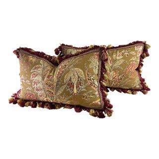 Handsome Lee Joffa Tasseled Cotton Print Lumbar Pillows/Pair For Sale
