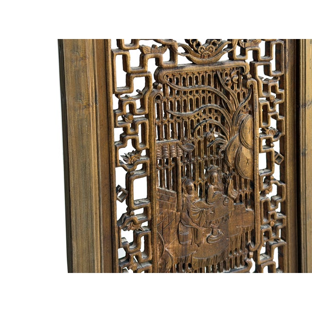 Oriental Rustic Vintage Finish Openwork Geometric 4 Panels Wood Floor Screen For Sale - Image 9 of 10