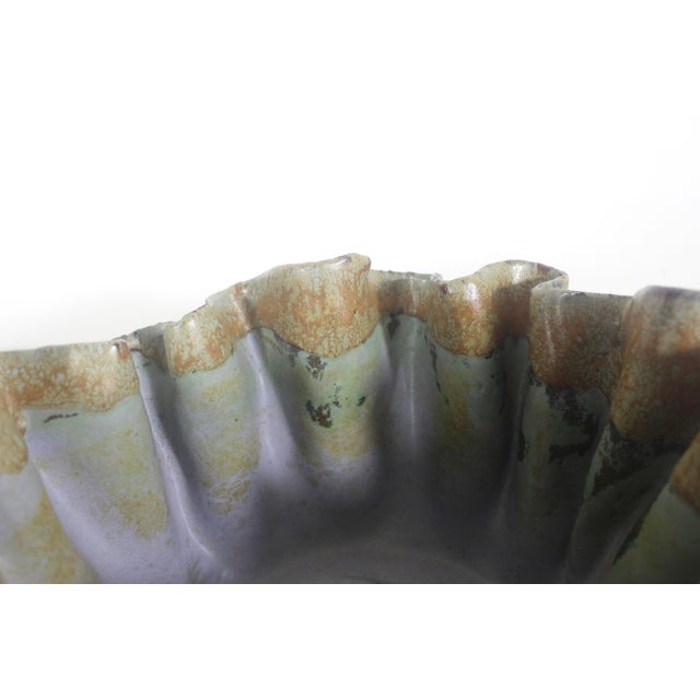 Ceramic Vintage Sculptural Signed Studio Pottery Footed Bowl Organic Ruffled Edge For Sale - Image 7 of 13