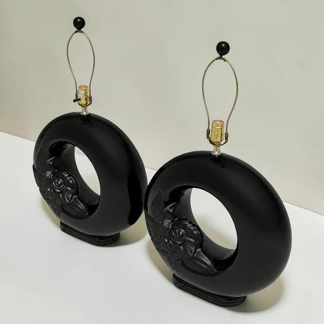 1980s Cylindrical Gloss Matte Black Floral Table Lamps - a Pair For Sale - Image 5 of 7
