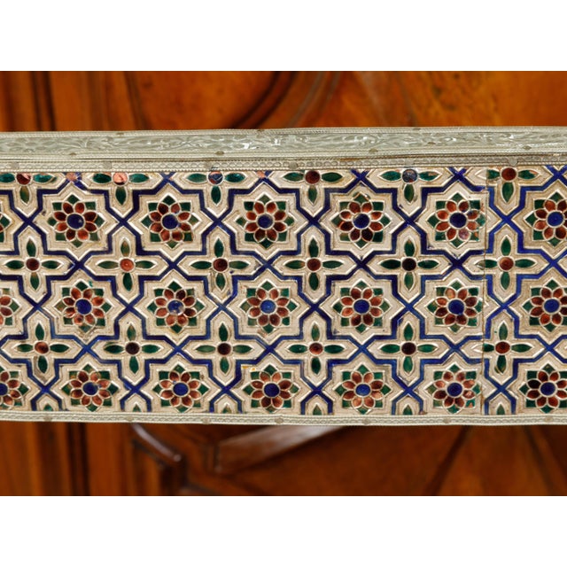 1930s Moroccan Metal Upholstered Settee With Enamel Décor and Rams' Heads For Sale - Image 11 of 12