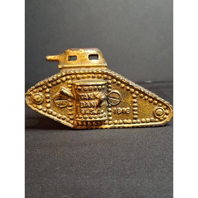 American Antique Ac Williams Cast Iron Tank Bank Usa 1918 Wwi Still Penny Bank Gold Paint For Sale - Image 3 of 17