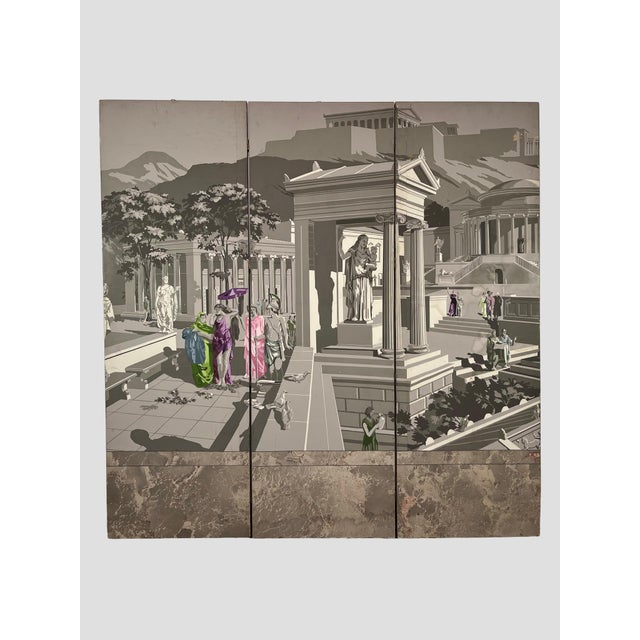 Wallpaper covering made by Zuber, this stunning vintage three panel wallpaper screen features a gray scene with purple,...