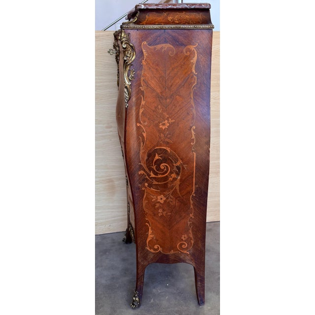 French 19th Century Bombe Marquetry Secrétaire à Abattant, Marble Top and Bronze Mounts For Sale - Image 3 of 18