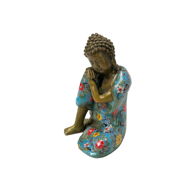 Vintage Cloisonne Enamel Lotus Resting Buddha Metal Statue For Sale In San Francisco - Image 6 of 10