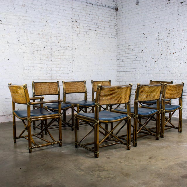 Campaign Late 20th Century Campaign Style Set of 8 Dining Chairs by McGuire Rattan Cane & Navy Leather For Sale - Image 3 of 18