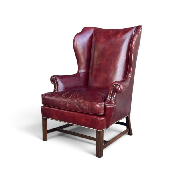 Vintage Burgundy Leather Wingback Chair With Brass Nailhead Trim by Baker For Sale - Image 15 of 18