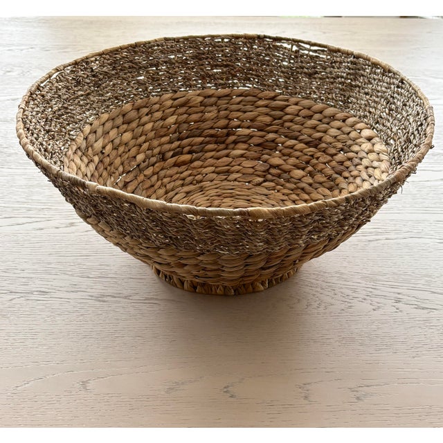 Rustic Vintage 2pc Woven Baskets 21” XL Woven & Pedestal For Sale - Image 3 of 9
