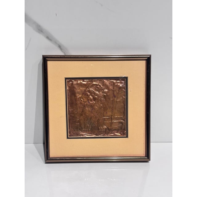 A Vintage Framed 3d Copper Relief Wall Art Piece Featuring a Pressed Metal Figure. (A Dog) For Sale - Image 11 of 12