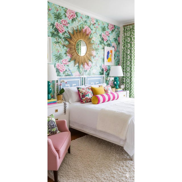 Vintage Palm Beach Regency Faux Bamboo King Size Headboard With Greek Key Motif - Newly Painted French Blue and White For Sale - Image 11 of 11