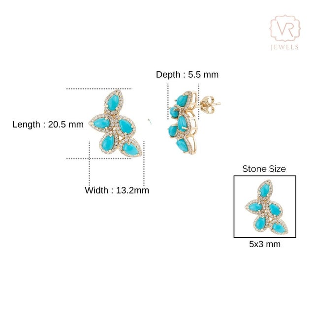 2.29ct Pear Cabochon Turquoise & Diamond Floral Stud Earrings in 14k Gold- A Pair For Sale - Image 9 of 12