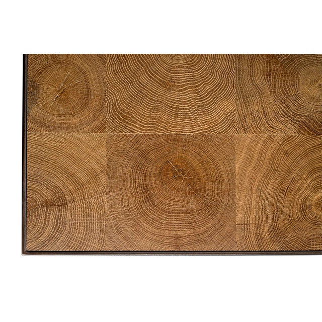 End Cut Oak Coffee Table With Steel Banding on Minimalistic Steel Base For Sale In Dallas - Image 6 of 8