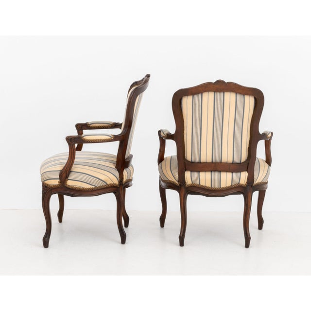 Pair of Louis XV Style Walnut Striped Linen Upholstered Fauteuils For Sale - Image 4 of 9