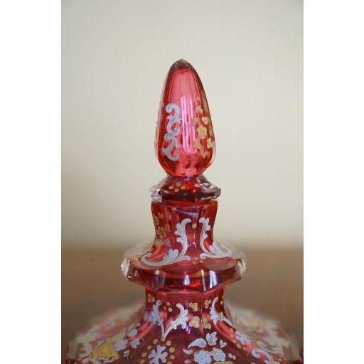 Victorian Antique Bohemian Cranberry Glass Enameled Perfume Bottle, 19th. Century For Sale - Image 3 of 8
