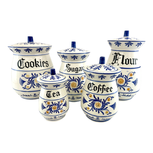 Vintage Royal Sealy Japan Blue and White Canister Set, Cookie, Coffee, Tea, Sugar and Flour