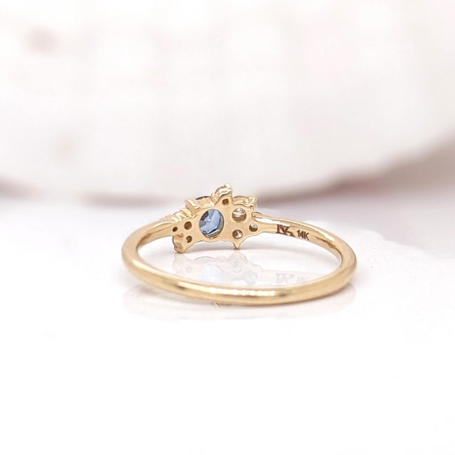 Blue Cute Sapphire Ring W Earth Mined Diamonds in Solid 14k Yellow Gold | Round 4mm, Size 6.75 For Sale - Image 8 of 11